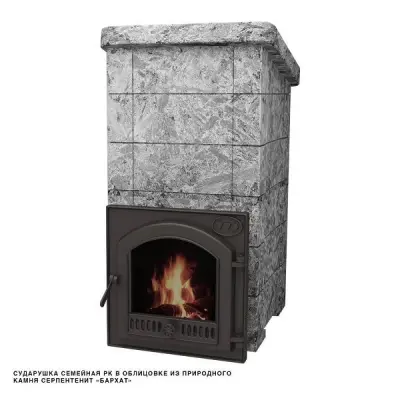 Фото Печь Сударушка Семейная РК ЧД (облицовка серпентинит Бархат, с фасками) в магазине Woodson Фото Печь Сударушка Семейная РК ЧД (облицовка серпентинит Бархат, с фасками) в магазине Woodson