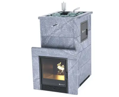 Фото Печь для русской бани Геленджик М2 в трёхстороннем кожухе (талькохлорит) с открытым верхом в магазине Woodson