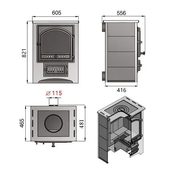 Фото Печь-Камин ВЕЗУВИЙ ПК-01 (205) с плитой и т/о красн. 12 кВт (200 м3) Ø 150 мм в магазине Woodson