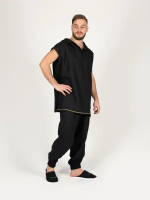 Комплект банщика #1 Woodson, чёрный лён c цветной полосой (46-48) Комплект банщика #1 Woodson, чёрный лён c цветной полосой (46-48)