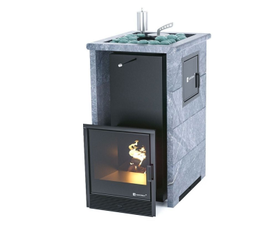 Фото Печь для русской бани Сочи М2 в трёхстороннем кожухе (талькохлорит) с открытым верхом в магазине Woodson