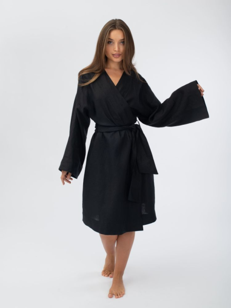 Халат кимоно женский Woodson, чёрный лён (40-52) Халат кимоно женский Woodson, чёрный лён (40-52)