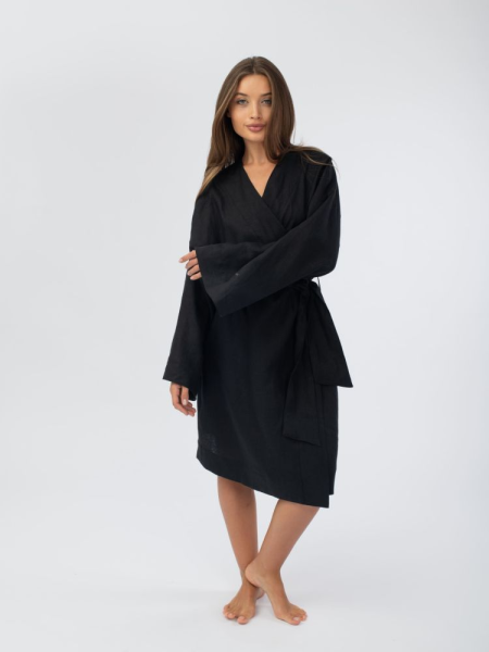 Халат кимоно женский Woodson, чёрный лён (40-52) Халат кимоно женский Woodson, чёрный лён (40-52)